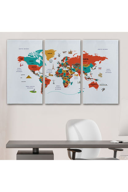Türkçe Dünya Haritası Kanvas Tablo Ülke-Başkentli Öğretici ve Sembollü 2290