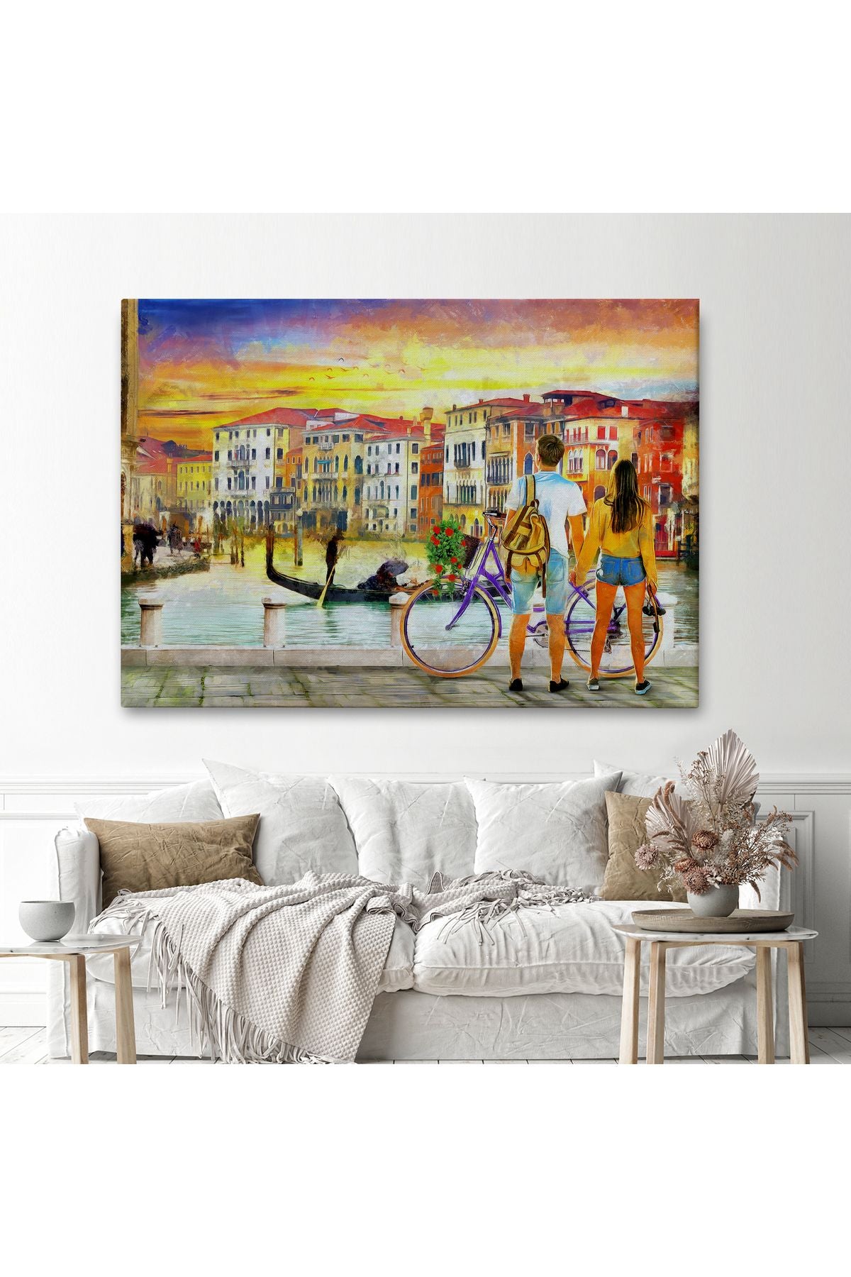Venedik Kanalına Bakan Romantik Çift Yağlıboya Görünüm Kanvas Tablosu-3625