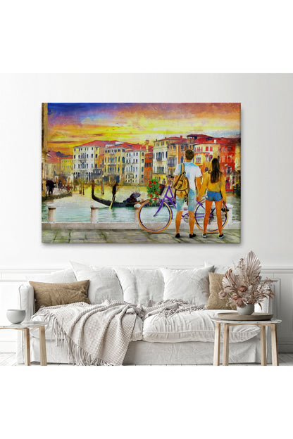 Venedik Kanalına Bakan Romantik Çift Yağlıboya Görünüm Kanvas Tablosu-3625