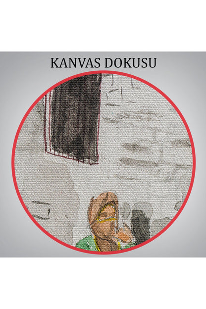 SZ KVS1-Kanvas Tablo-Kapadokya Göremedeki Köy Hayatı Yaşam Suluboya Görünüm  3756