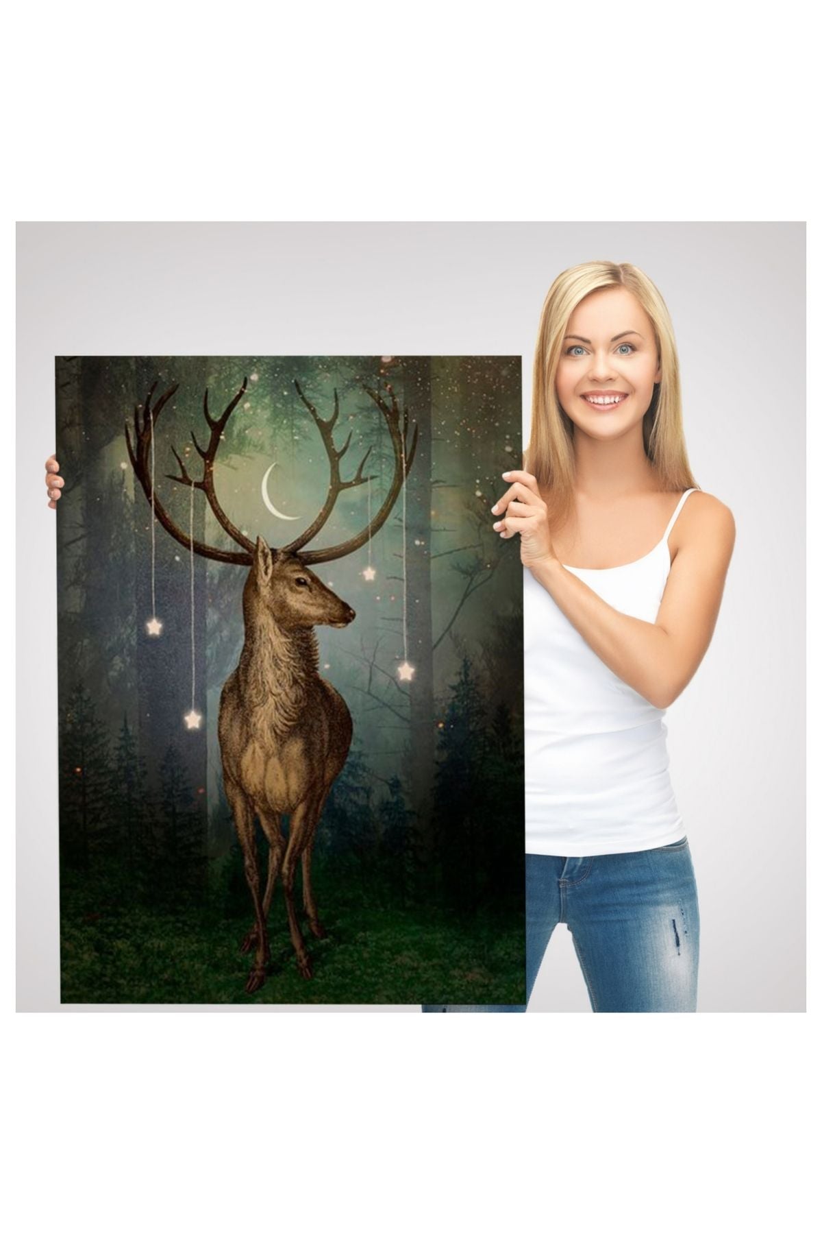 Kanvas, Duvar Tablosu, Dekoratif, Gece Vakti Orman'daki Geyik 6309 EGKNV