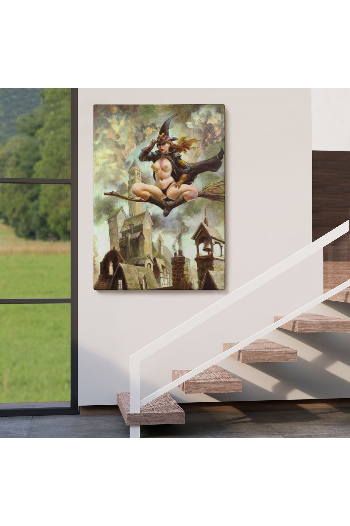 Çıplak Cadı Süpürgeye Biniyor, Cadılar Bayramı Gotik Sanatı, Kanvas Tablo-5288