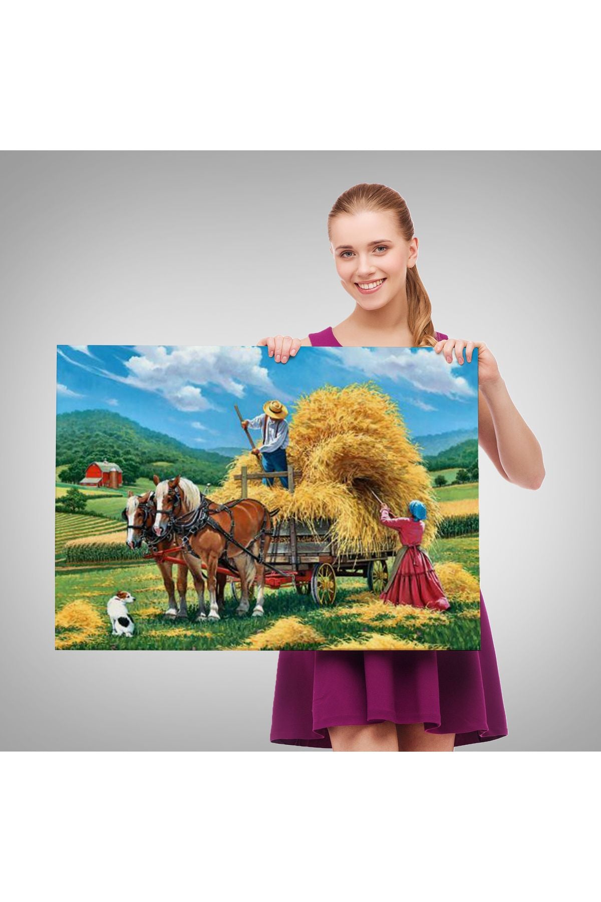 At Arabasına Saman Yükleyen Köylüler Duvar Tablosu-6531