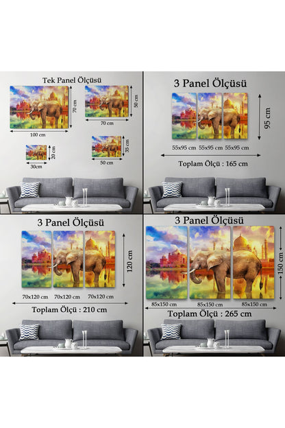 Fil ve Taç Mahal Manzaralı Yağlıboya Görünüm Dekoratif Kanvas Duvar Tablosu-3716