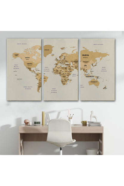 Türkçe Dünya Haritası Kanvas Tablo Ülke Başkent Detaylı ve Dekoratif 2618