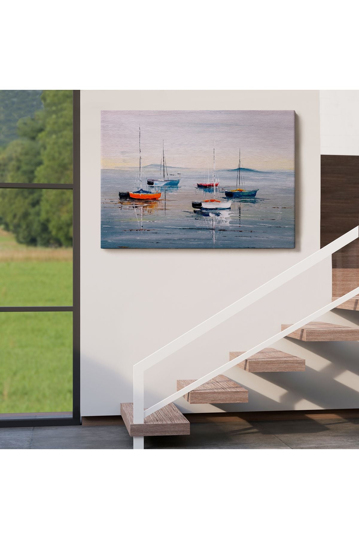 Deniz ve Yelkenliler Manzarası Yağlıboya Görünüm Dekoratif Kanvas Duvar Tablosu-3710