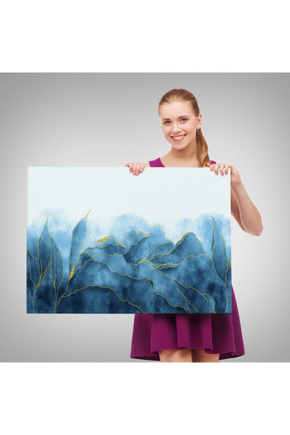 YB Altın Damarlı Soyut Mavi Mermer Taş Dokulu Kanvas Tablo-5042