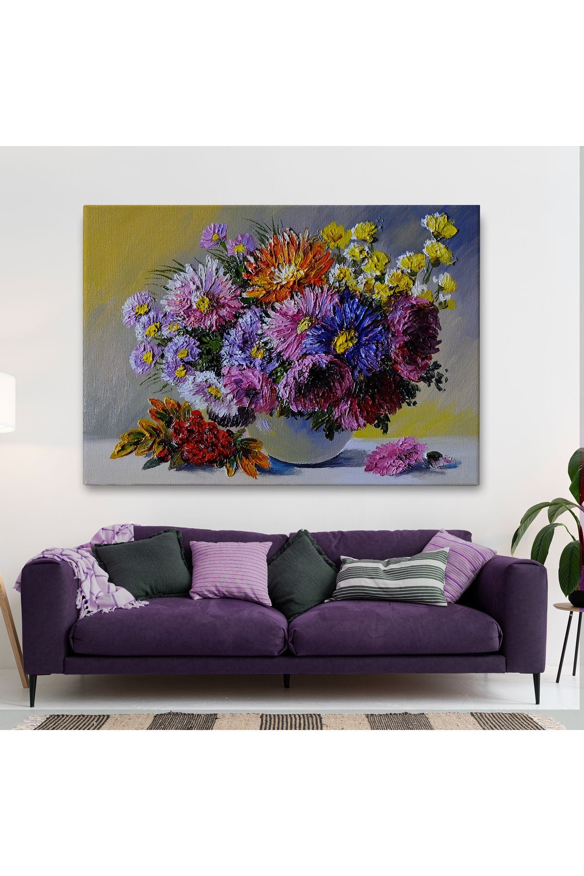 Renkli Çiçekler Yağlıboya Görünüm Dekoratif Kanvas Duvar Tablosu-3448