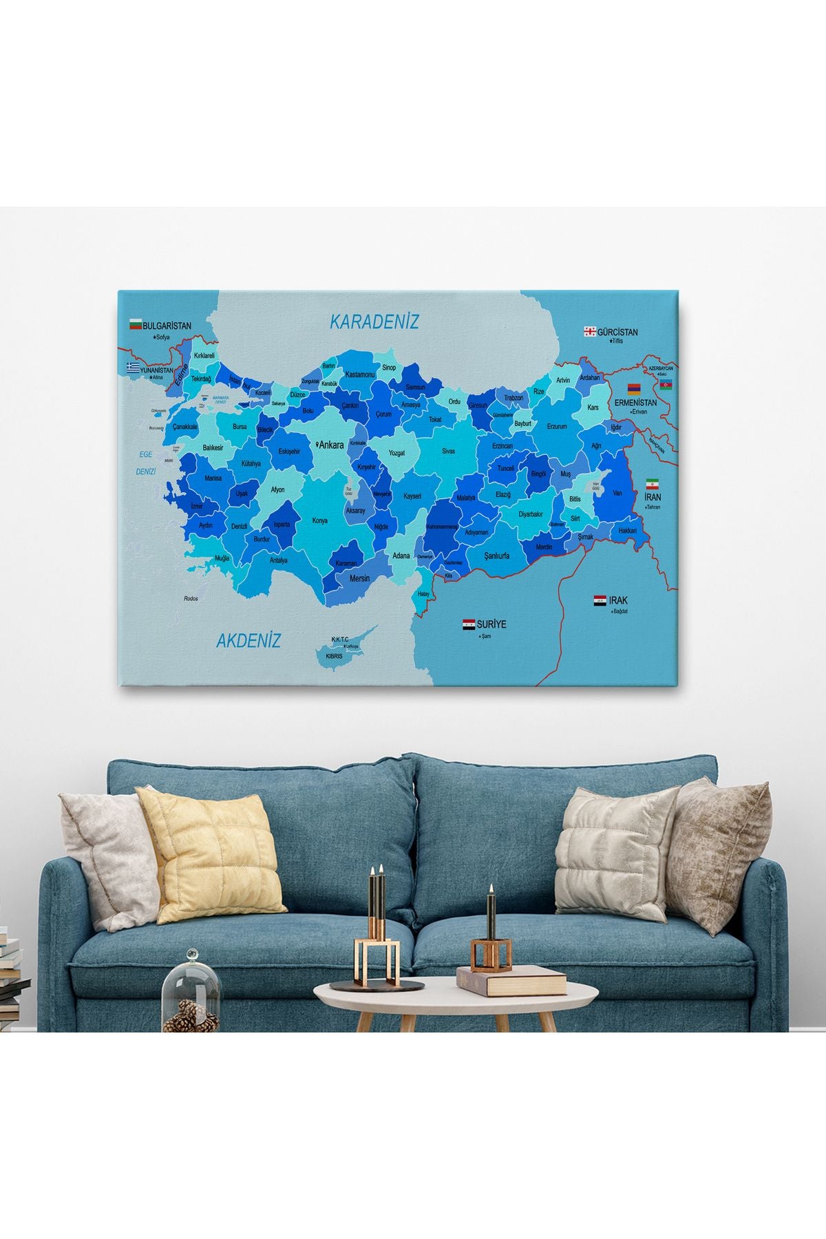 Türkiye Haritası Kanvas Tablo Sınır Komşulu Eğitici Dekoratif Tablo 3086