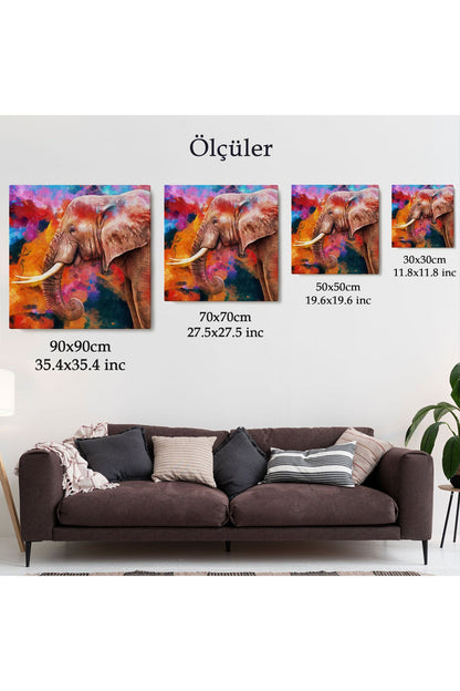 Renkli Fil Yağlıboya Görünüm Dekoratif Kanvas Duvar Tablosu-5842