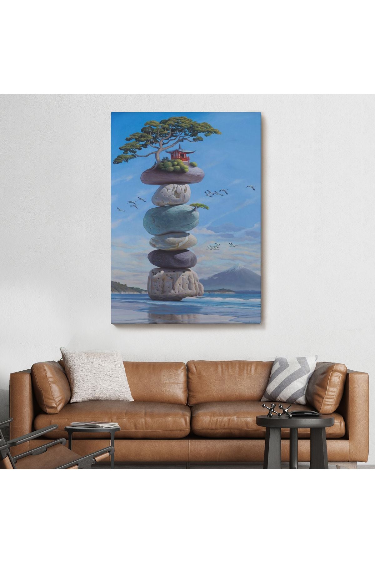 Sahilde Renkli Denge Taşları, Meditasyon, Yoga, Spiritüel Baskı Kanvas Tablo-5239
