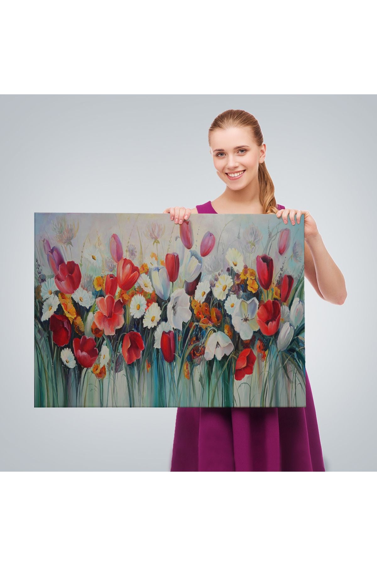 Kır Çiçekleri Yağlıboya Görünüm Dekoratif Kanvas Duvar Tablosu-3581