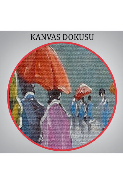 Yağmurda Yürüyen Romantik Çift Yağlıboya Görünüm Dekoratif Kanvas Duvar Tablosu-5943