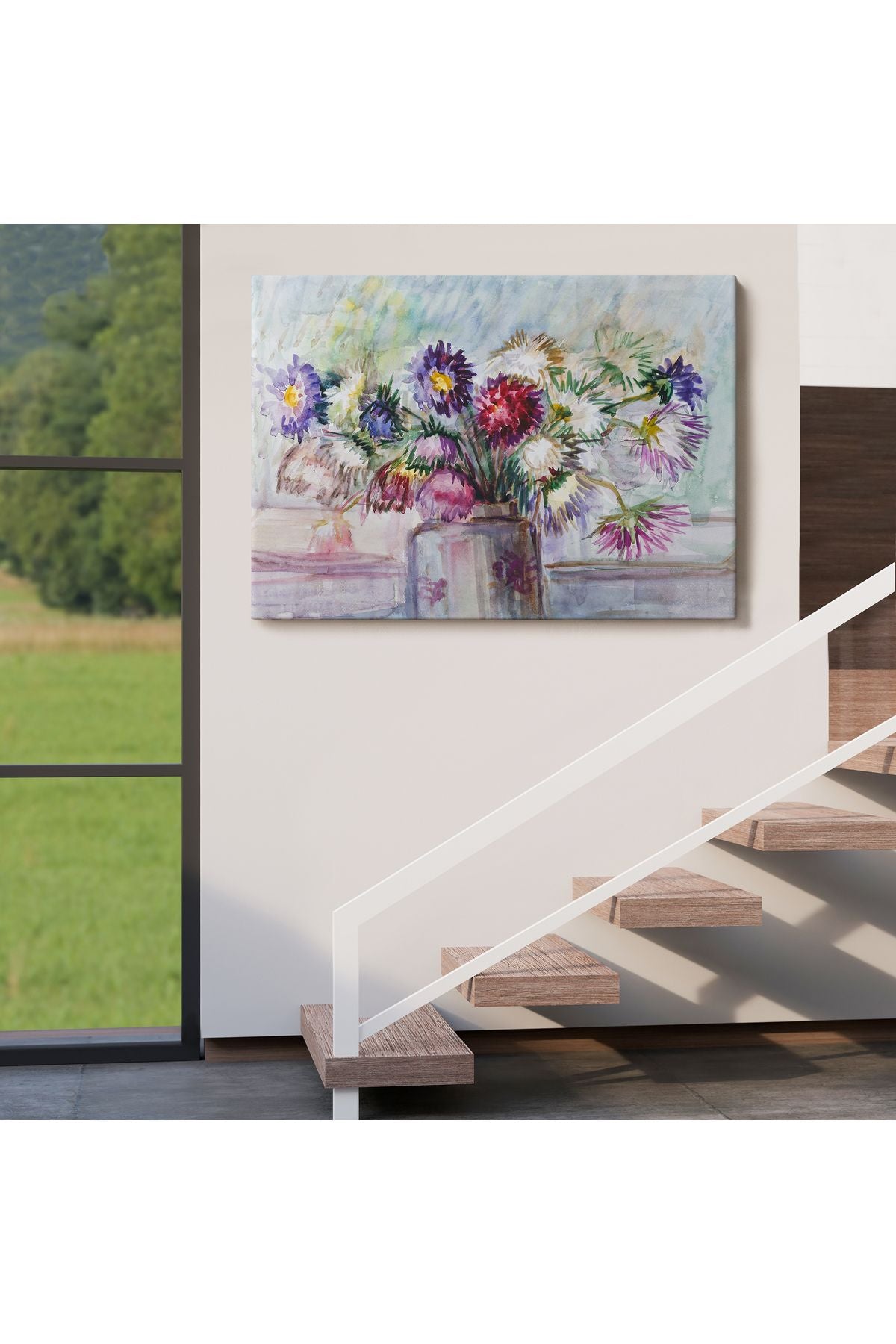 Aster Çiçeği Yağlı Boya Görünümlü Dekoratif Duvar Tablosu-3456