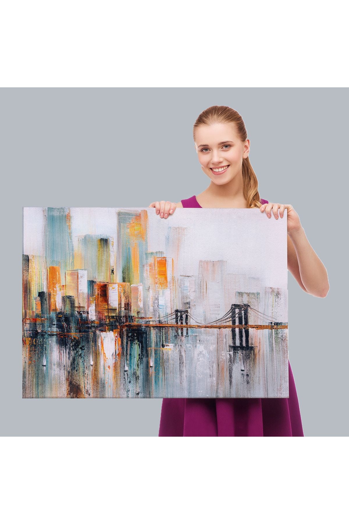 Brooklyn Köprüsü New York Yağlıboya Görünüm Dekoratif Tablo-3744