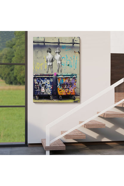 Bansky Çöp Kutusuna İşeyen Çocuklar Kanvas Tablosu / Hayat Kısa-5115