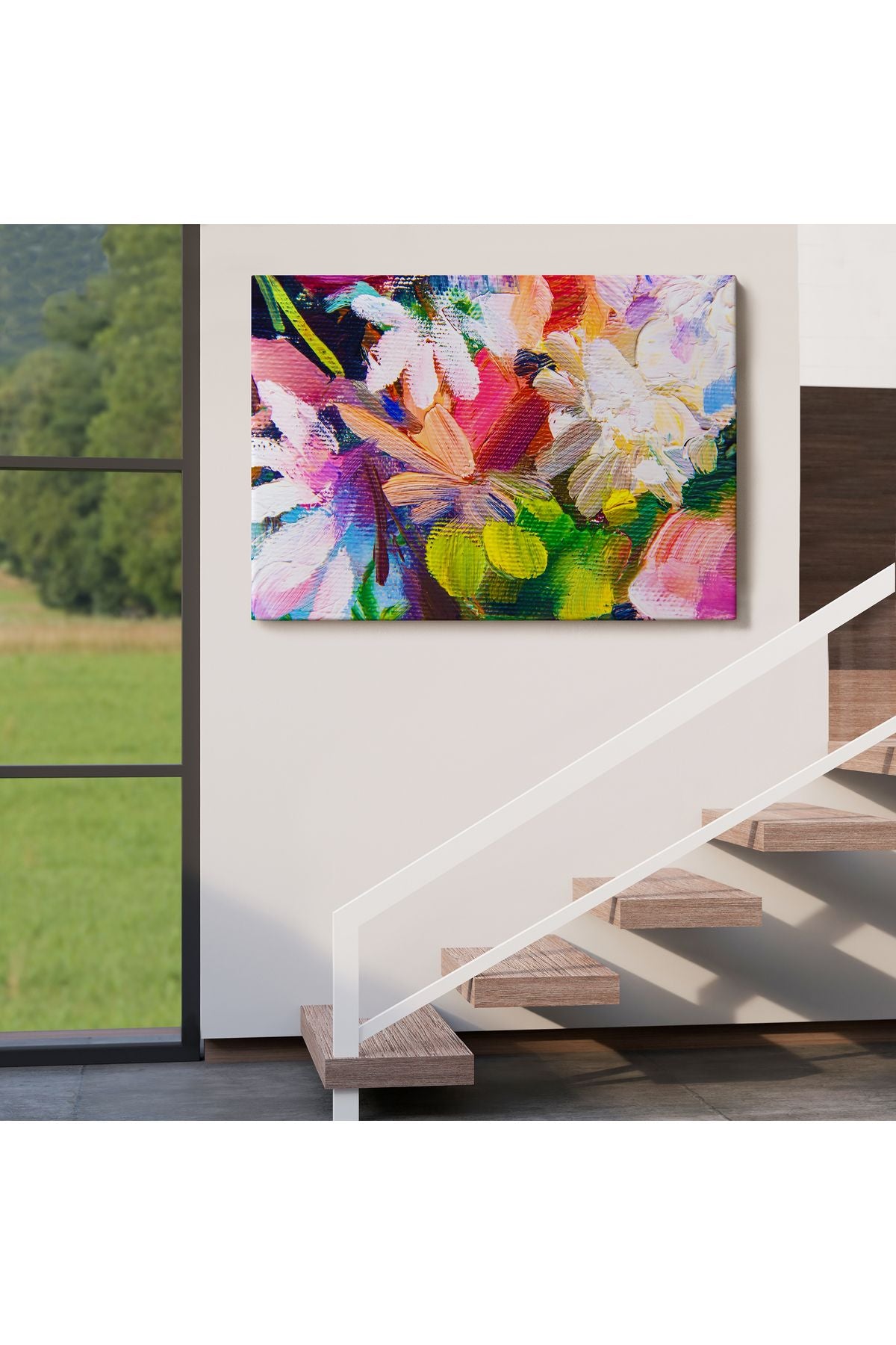 DB Renkli Çiçek Desenli Yağlıboya Görünüm Dekoratif Kanvas Duvar Tablosu-3566