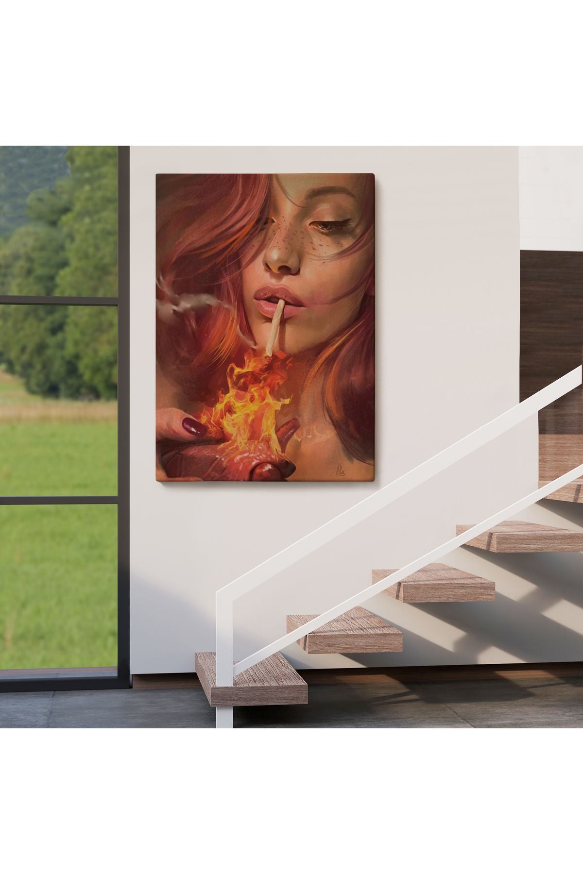 Platonik Aşkın Tavrı Sigarasını Yanan Bir Kalpten Yakan Kadın Kanvas Tablo-5247