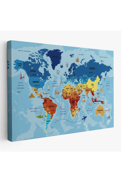 Türkçe Dünya Haritası Sembollü ve Okyanuslu Dekoratif Kanvas Tablo 2422