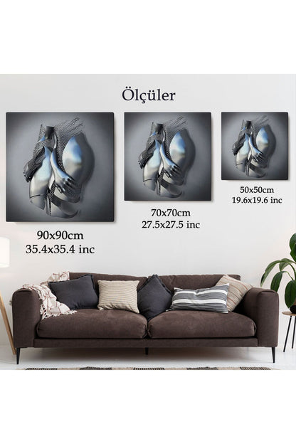 Romantik Beden, 3D Efekti Gri ve Gümüş İnsan Metalik Kanvas Tablo-5359