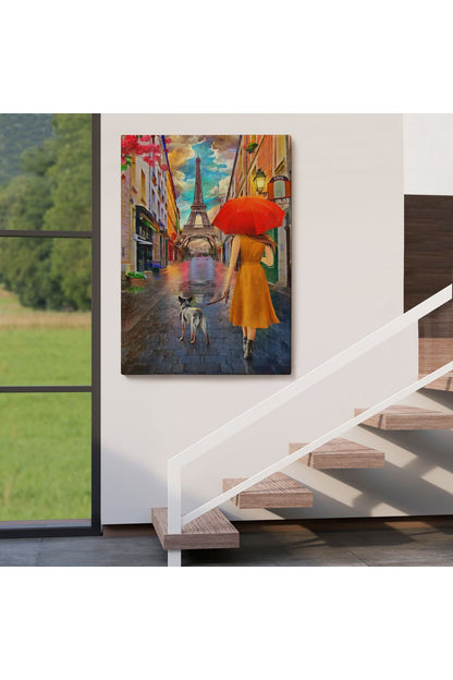 Eyfel Kulesine Yürüyen Kadın Yağlıboya Görünüm Dekoratif Kanvas Duvar Tablosu-5950