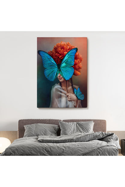 Mavi Kelebekli Kadın Yağlıboya Görünüm Dekoratif Kanvas Duvar Tablosu-5947