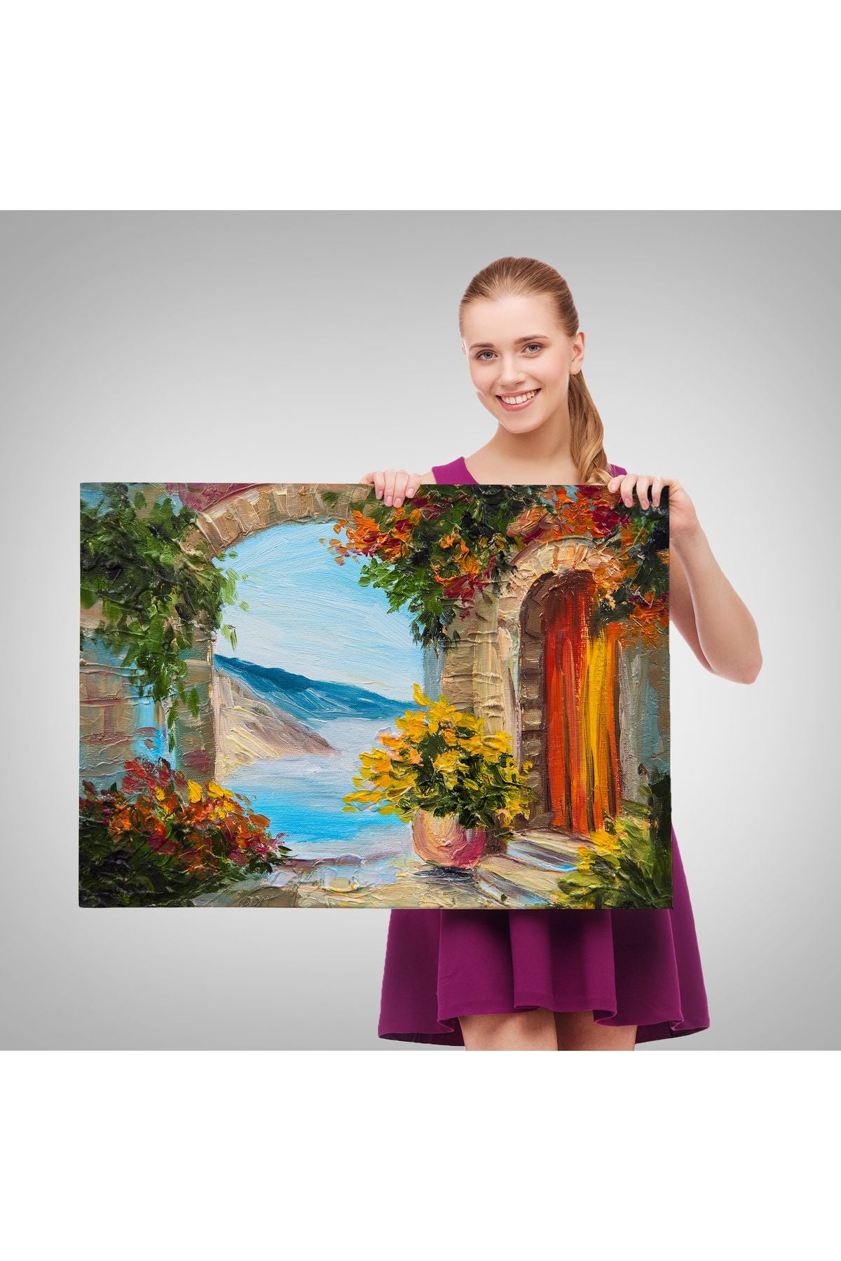 Dekoratif Duvar Tablosu-Deniz Manzaralı Ev ve Renkli Çiçekler Kanvas Tablo 3636