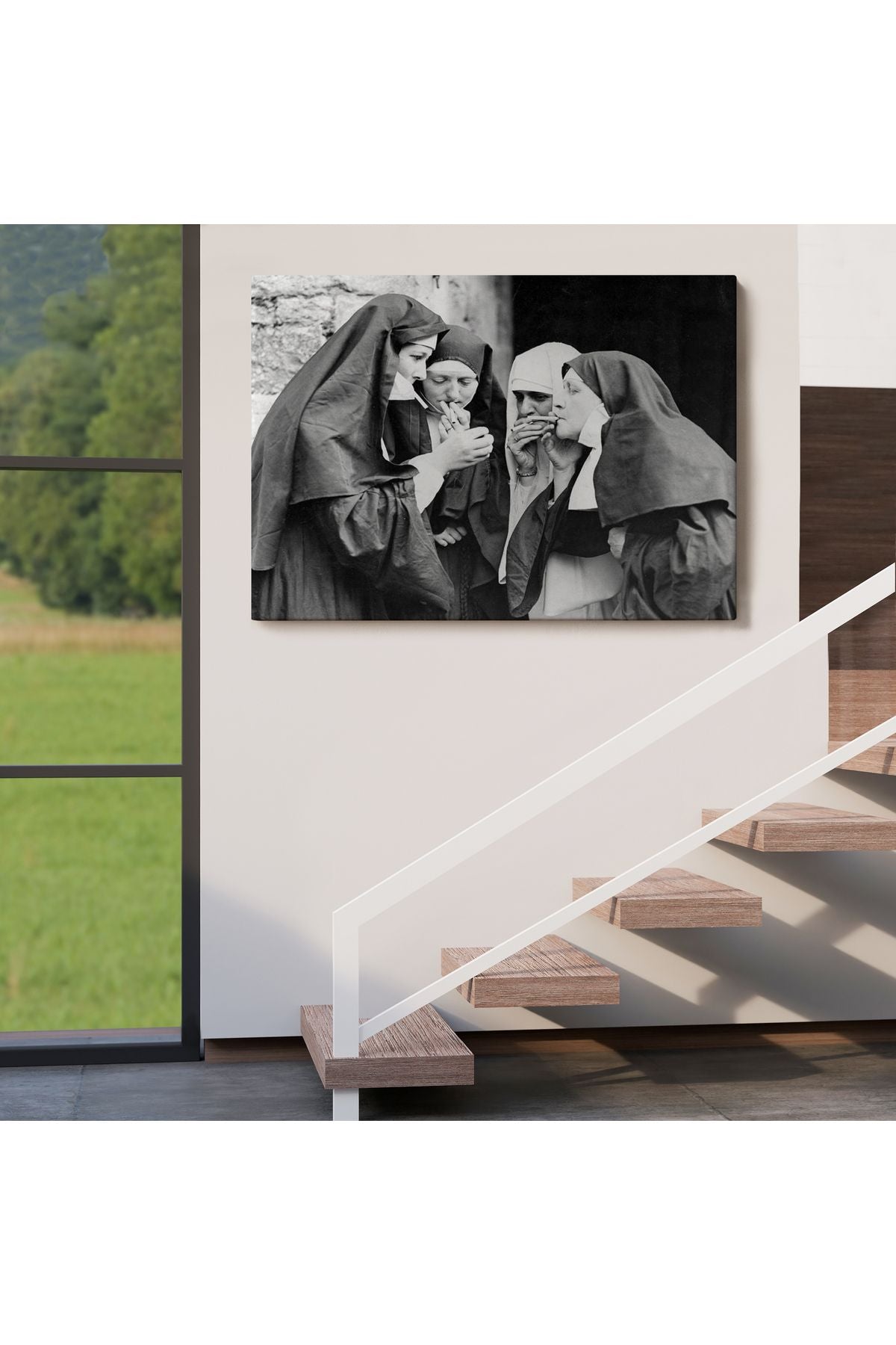 Sigara İçen Rahibeler Vintage Fotoğraf Tablo, Siyah ve Beyaz Kanvas Tablo-5376