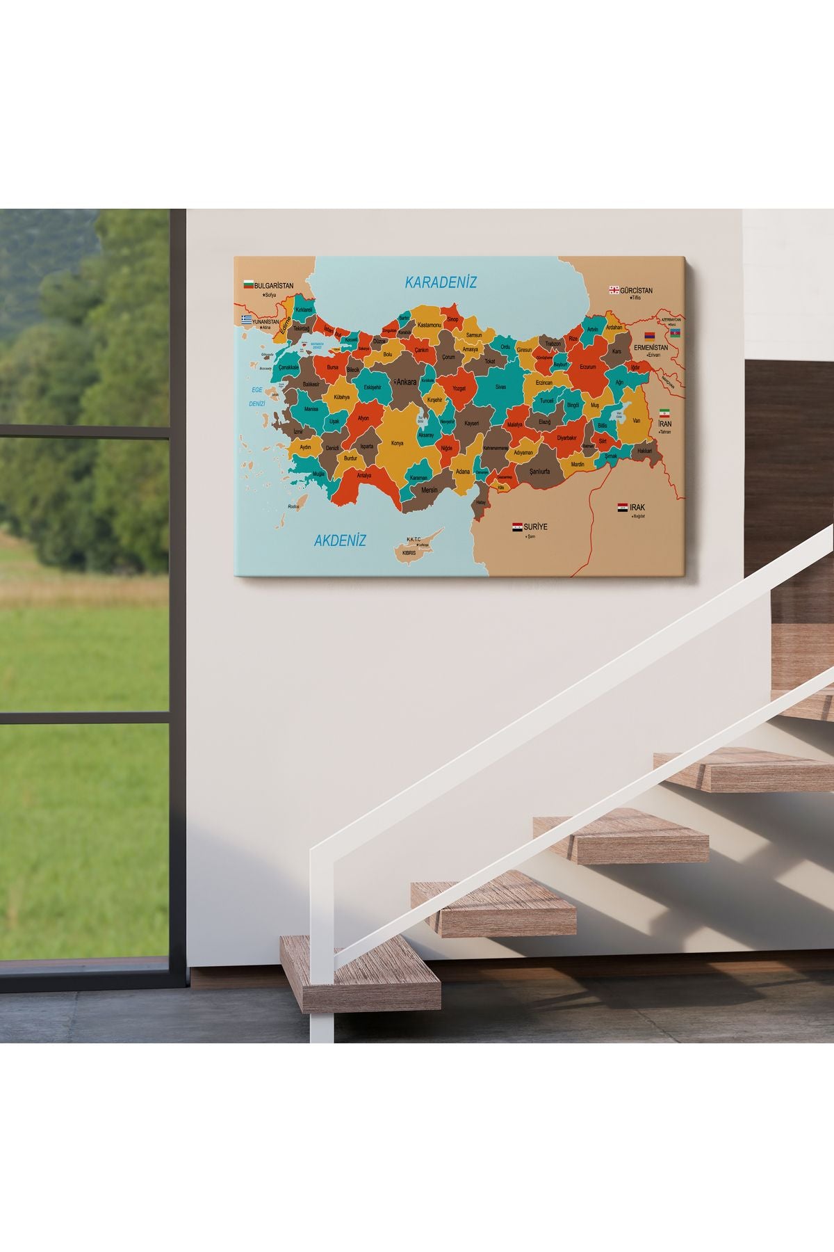 Türkiye Haritası Kanvas Tablo Sınır Komşulu Eğitici Dekoratif Tablo 3094
