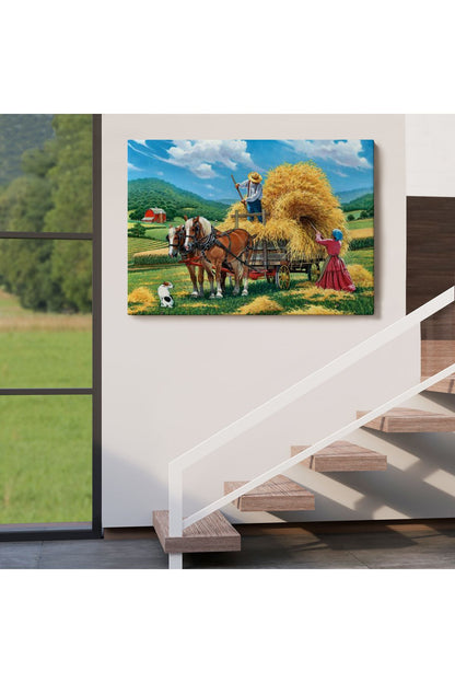 At Arabasına Saman Yükleyen Köylüler Duvar Tablosu-6531