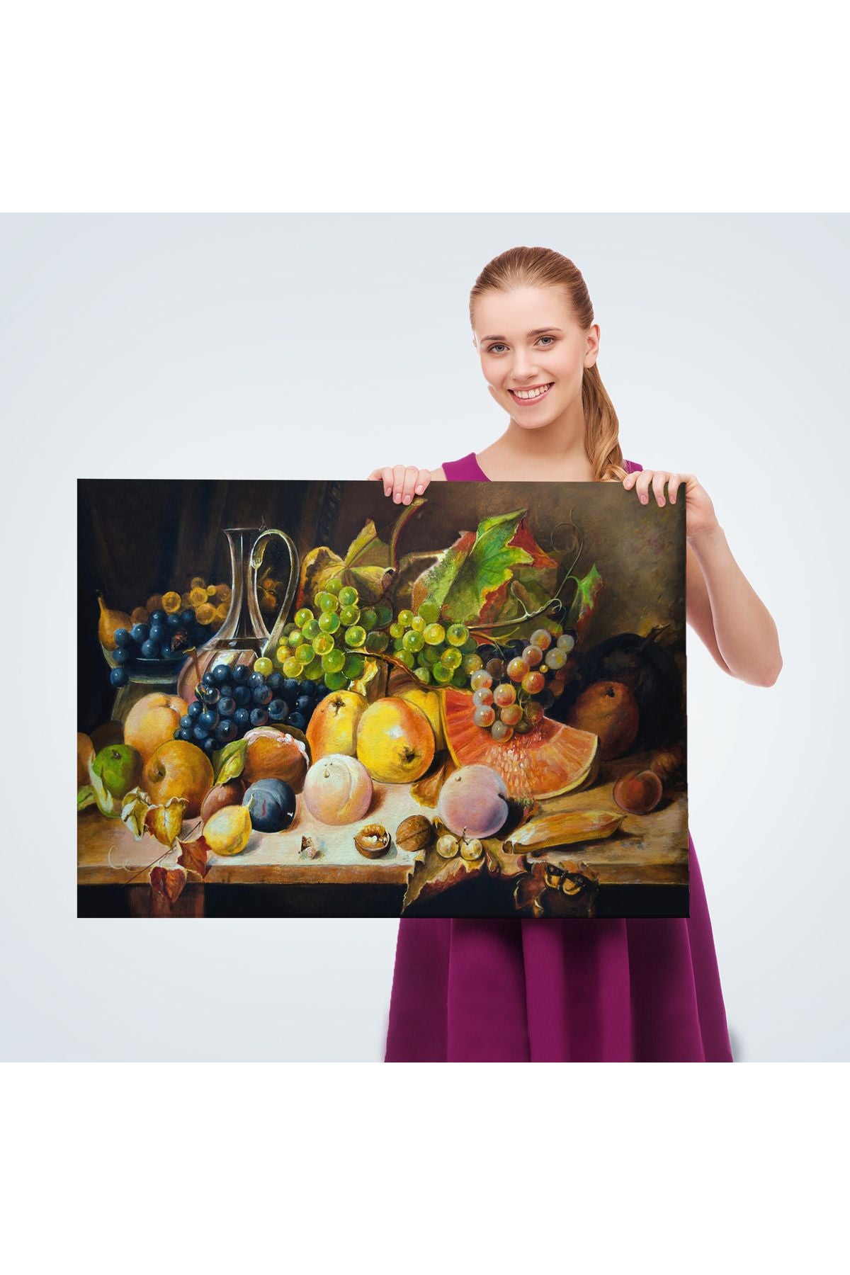 Masadaki Meyveler Yağlıboya Görünüm Dekoratif Kanvas Duvar Tablosu-3632