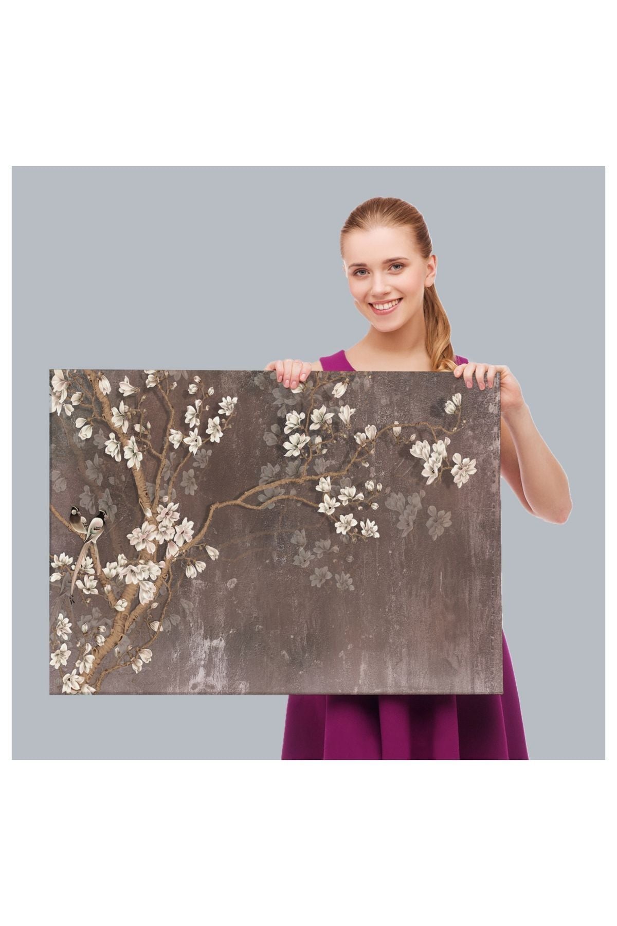 Kanvas, Duvar Tablosu, Dekoratif, Yağlıboya Görünüm Ağaçta Beyaz Çiçekler 3736 EGKNV