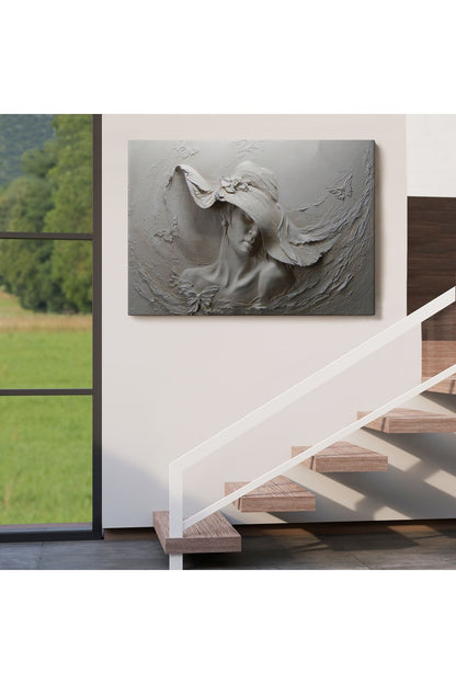 Kabartma Görünümlü Şapkalı Kadın Kanvas Duvar Tablosu -3424