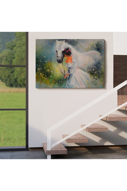 Bayaz At Ve Sahibi Kız Yağlıboya Görünüm Dekoratif Kanvas Duvar Tablosu-3539
