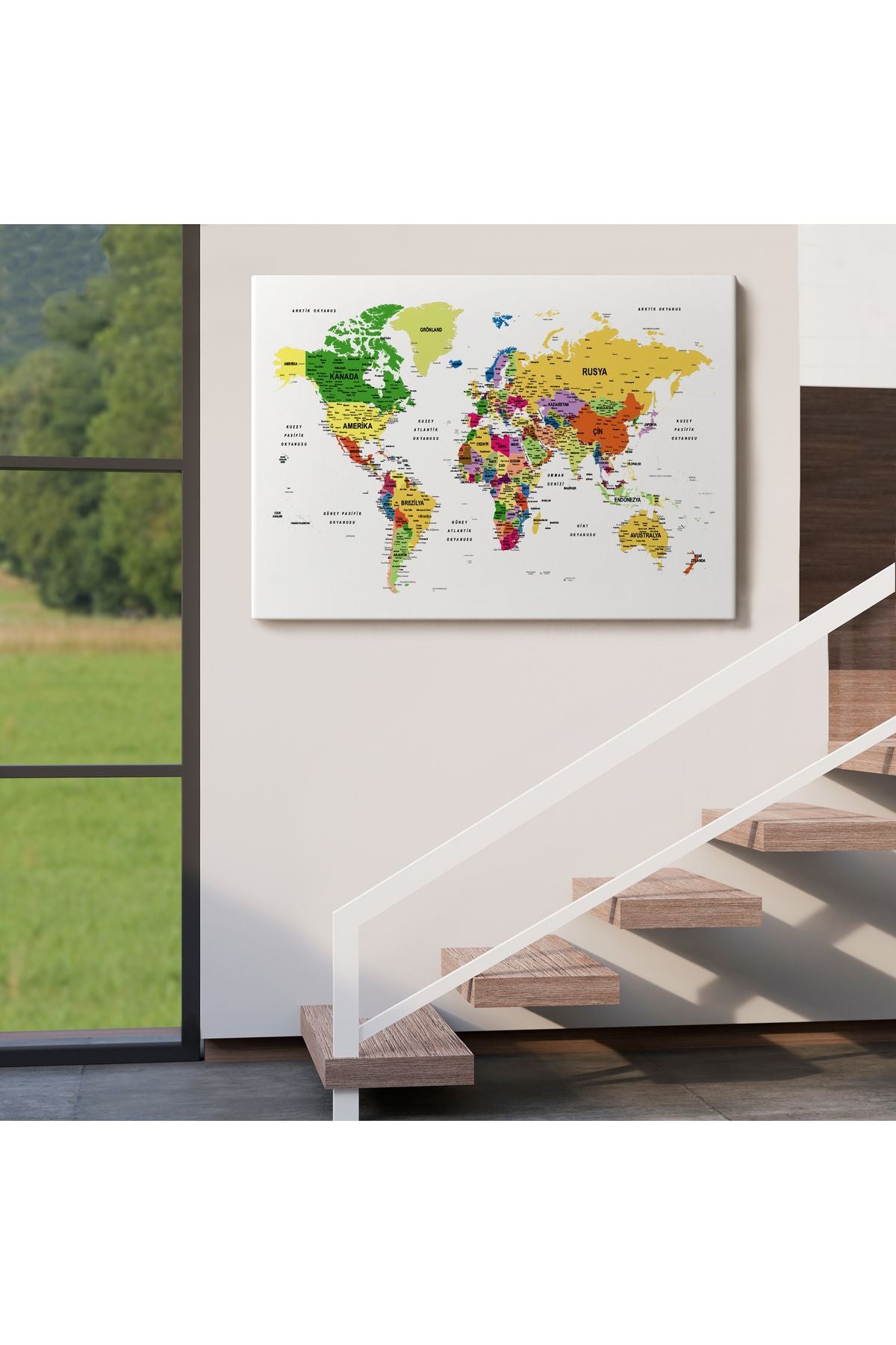 Türkçe Dünya Haritası Dekoratif Kanvas Tablo Son Derece Detaylı 1614