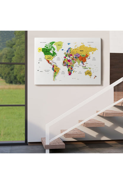 Türkçe Dünya Haritası Dekoratif Kanvas Tablo Son Derece Detaylı 1614