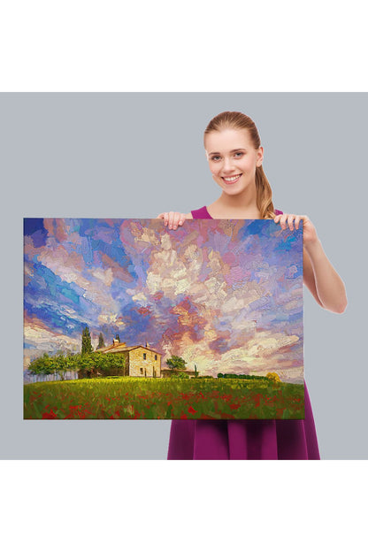 Toskana İtalyadaki Kırmızı Gelincik Tarlası Yağlıboya Görünüm  Kanvas Tablosu-3697