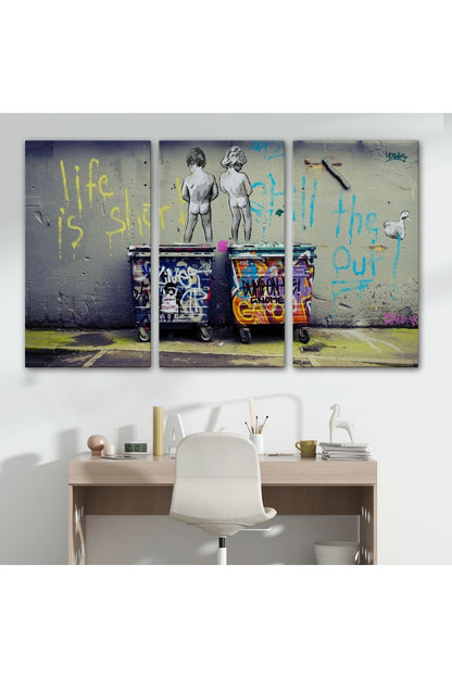 modagos068 Bansky Çöp Kutusuna İşeyen Çocuklar Kanvas Tablosu / Hayat Kısa-5154