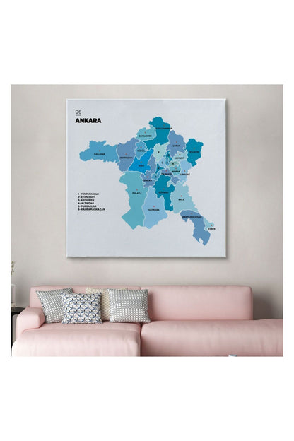 Kanvas Tablo, Duvar Dekoru, İl ve İlçeler Haritası Ankara, Modern 1264 BUNGKNV