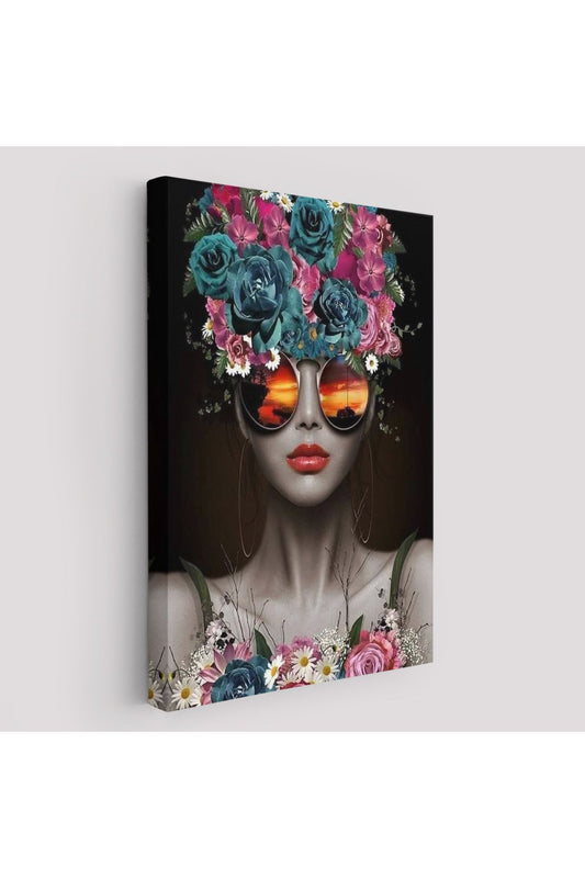 Renkli Çiçekler İle Güzel Kadın Dekoratif Duvar Tablosu -6188