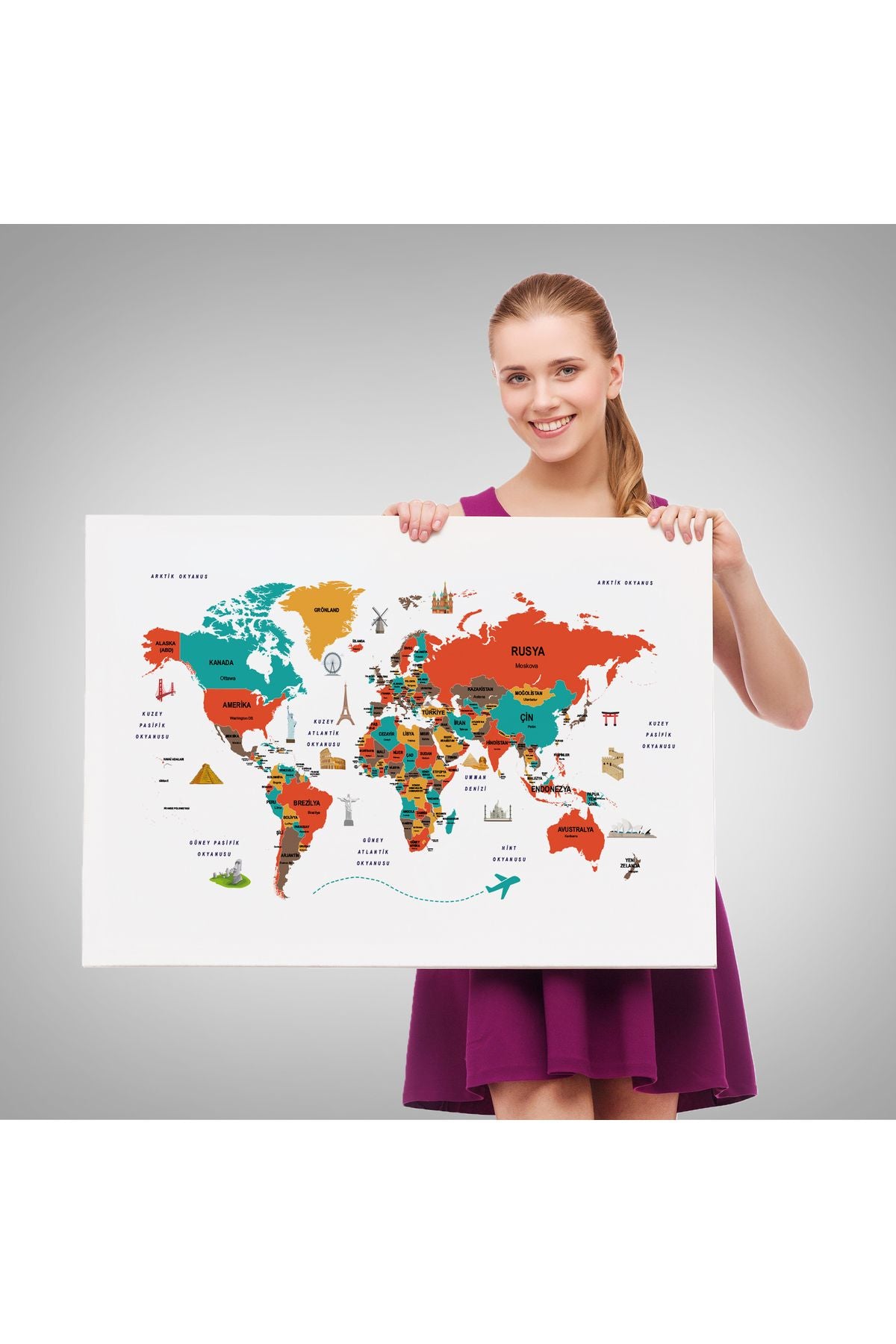 Türkçe Dünya Haritası Kanvas Tablo Ülke-Başkentli Öğretici ve Sembollü 2290