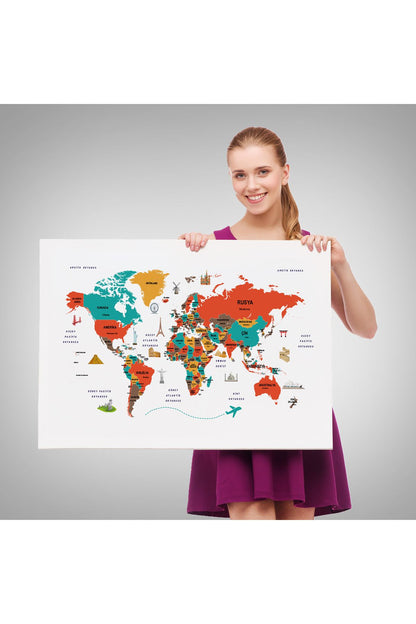 Türkçe Dünya Haritası Kanvas Tablo Ülke-Başkentli Öğretici ve Sembollü 2290