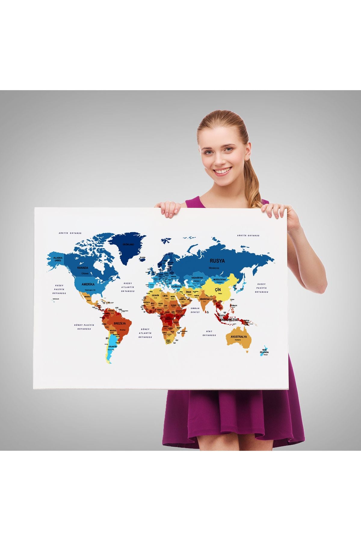 Türkçe Dünya Haritası Dekoratif Kanvas Tablo Ülke ve Başkentli 1492