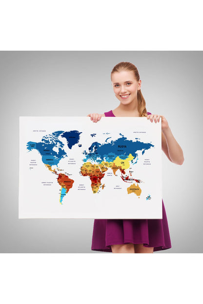 Türkçe Dünya Haritası Dekoratif Kanvas Tablo Ülke ve Başkentli 1492
