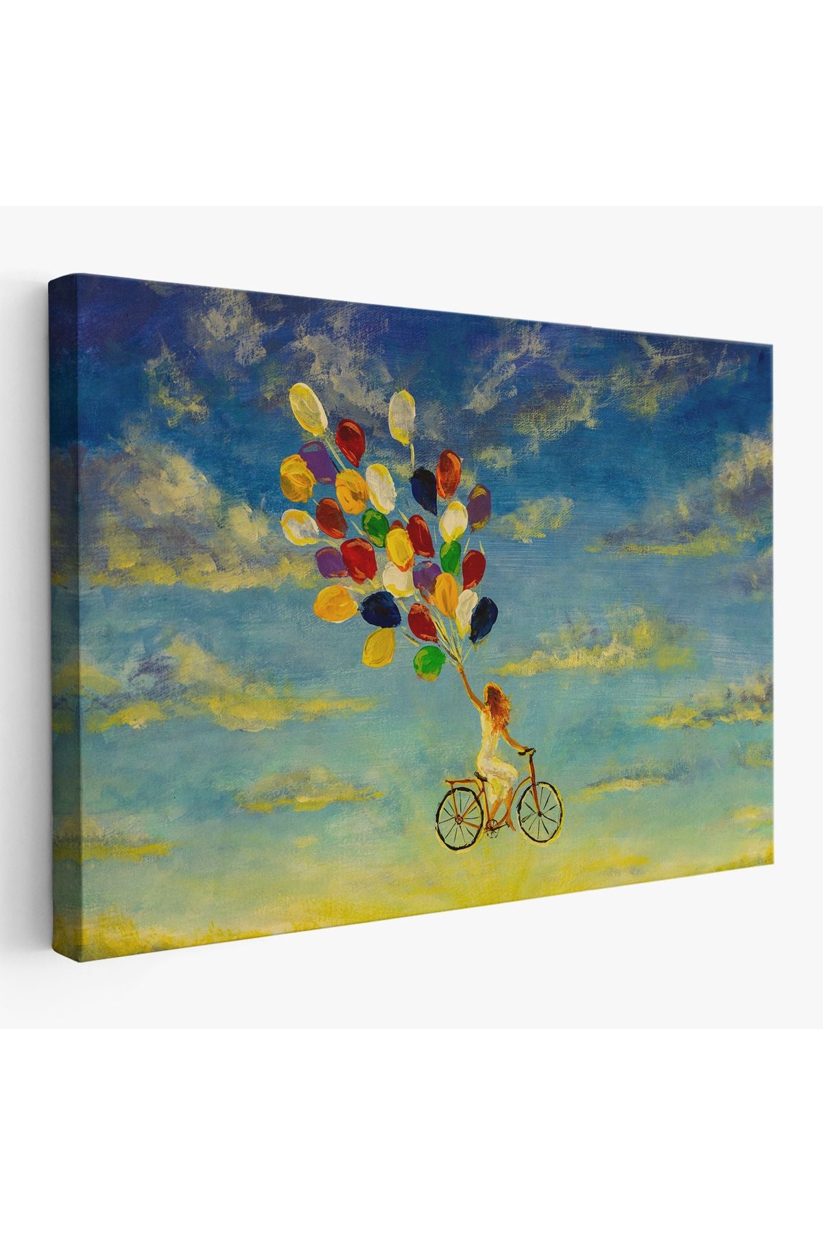 Renkli Balonlar İle Uçan Bisikletli Kız Kanvas Tablo-5036