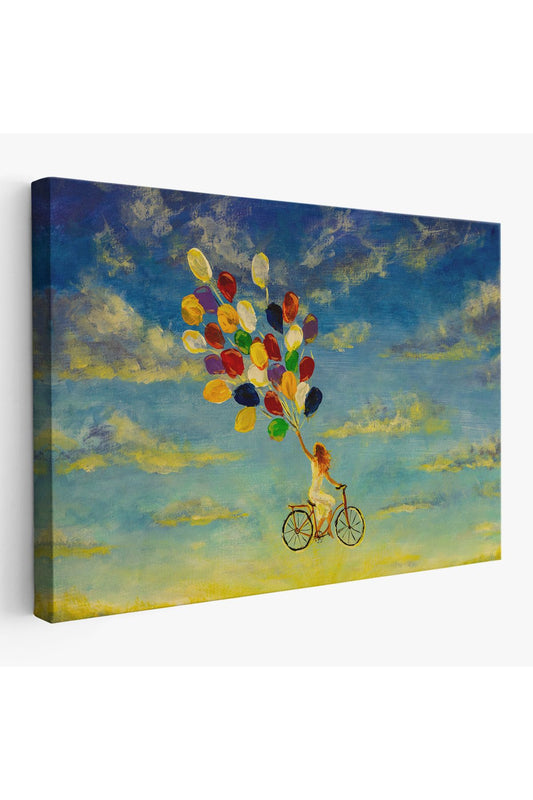 Renkli Balonlar İle Uçan Bisikletli Kız Kanvas Tablo-5036