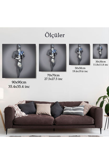 Romantik Beden, Aşk Sanatı, 3D Efekti Gümüş İnsan, Metalik Efektli Kanvas Tablo-5352