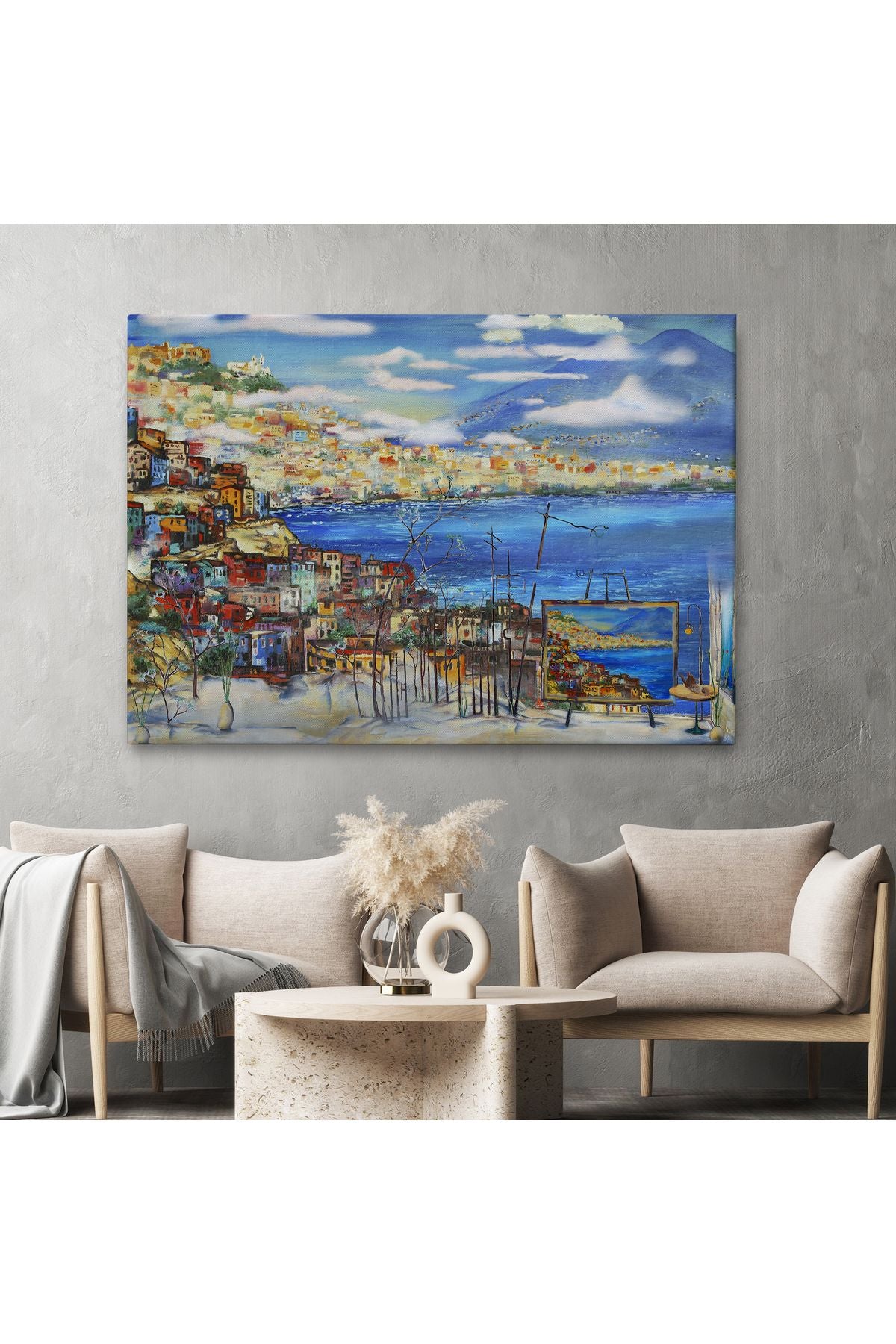 Napoli Manzaralı Yağlıboya Görünüm Dekoratif Kanvas Duvar Tablosu-3503