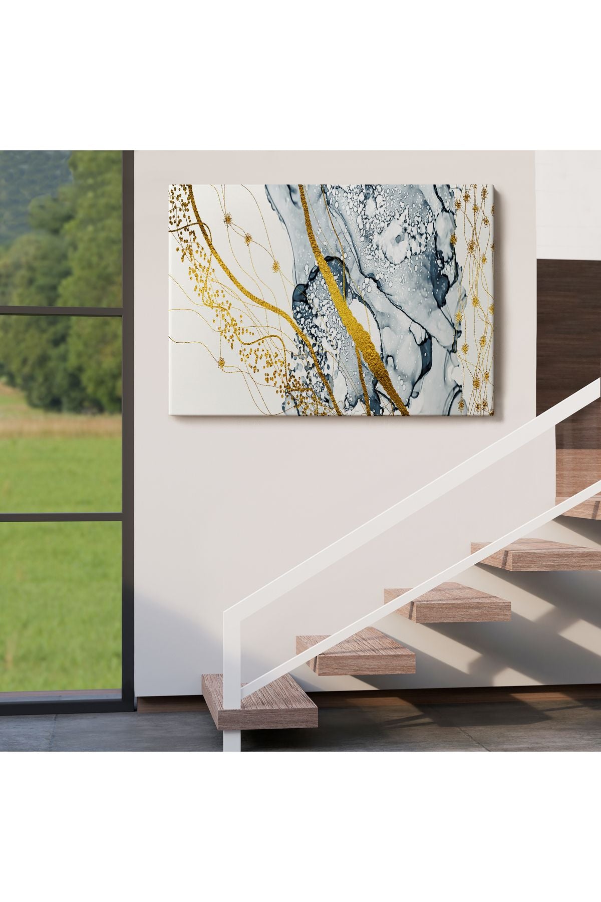 db01shp seri Mavi ve Altın Sarısı Renklerınde Soyut Modern Kanvas Tablo-5033