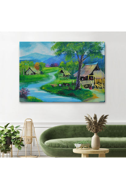 SZ KVS1-Dekoratif Duvar Tablosu-Taşra Köy Manzarası Tayland Kanvas Tablo 3478